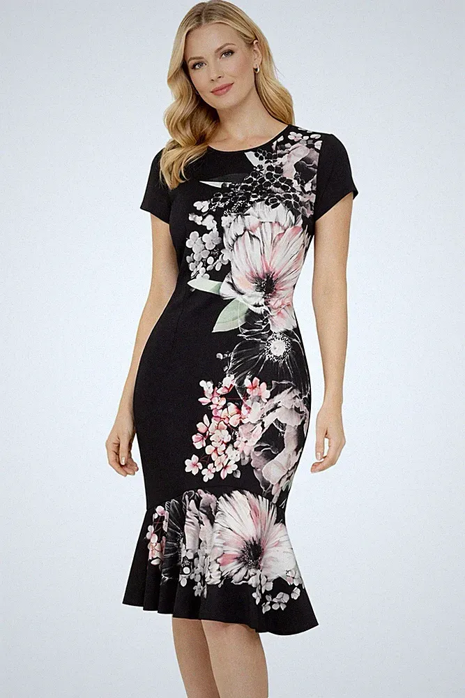 Coast Kleid schwarz geblümt Größe 12 asymmetrischer Saum Hochzeit Gast Damentag