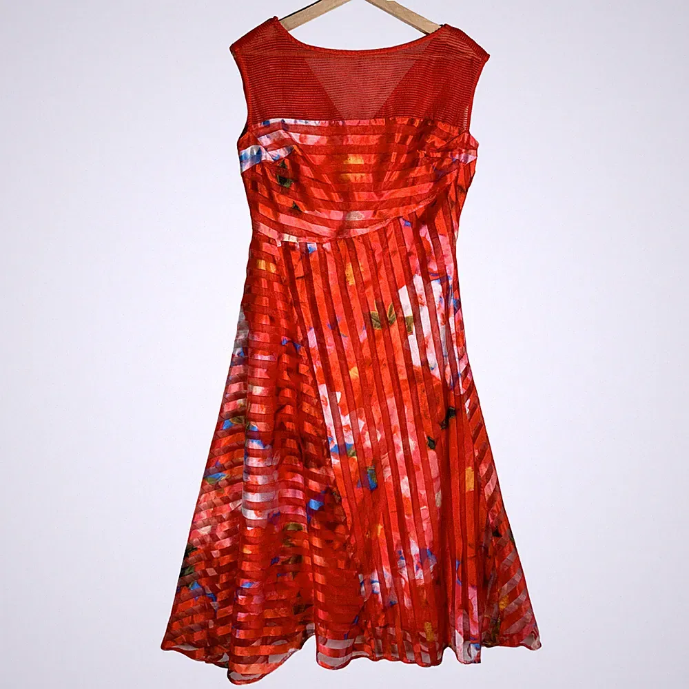 Coast Midikleid Gr. UK 12 Tomatenrot Blumen Organza gestreift ärmellos Hochzeit