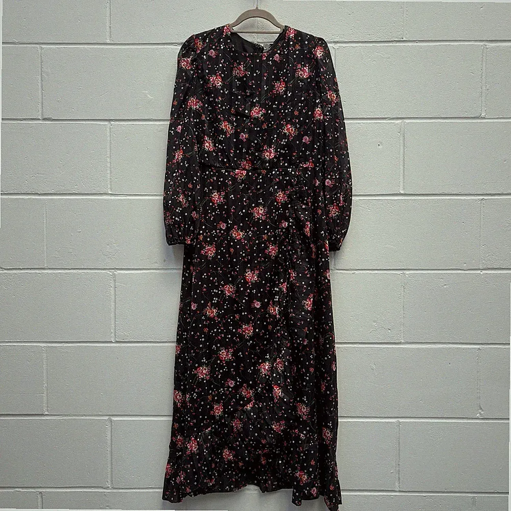 Coast Midikleid schwarz Blumen Burnout UK 16 Langarm Hochzeitsgast