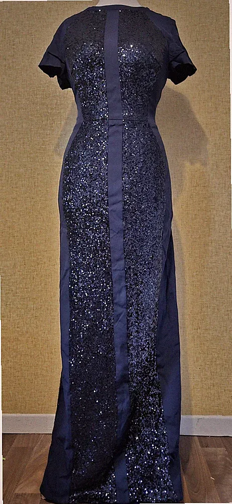 Coast Navy Pailletten Maxi Gr. 12 Hochzeitsgast Glitzer Abschlussball blau tailliert Panel lang