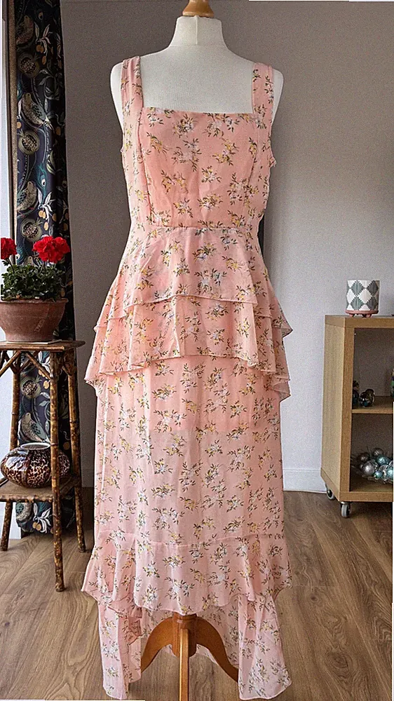 Coast Pink Floral High Low Midi Dress UK12 Chiffon Peplum Wedding Guest Occasion