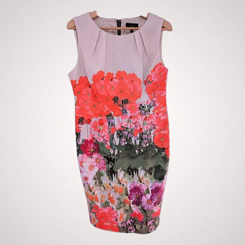 Coast UK 16 Satin Pencil Dress Floral Wedding Guest Wiggle Beige Multi GUC C8