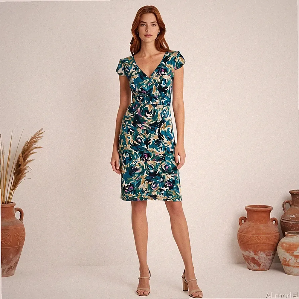 Cocktail Extravagant Knielang Kleid Mehrfarbig Blumen Kurzarm Taschen Gr. 40
