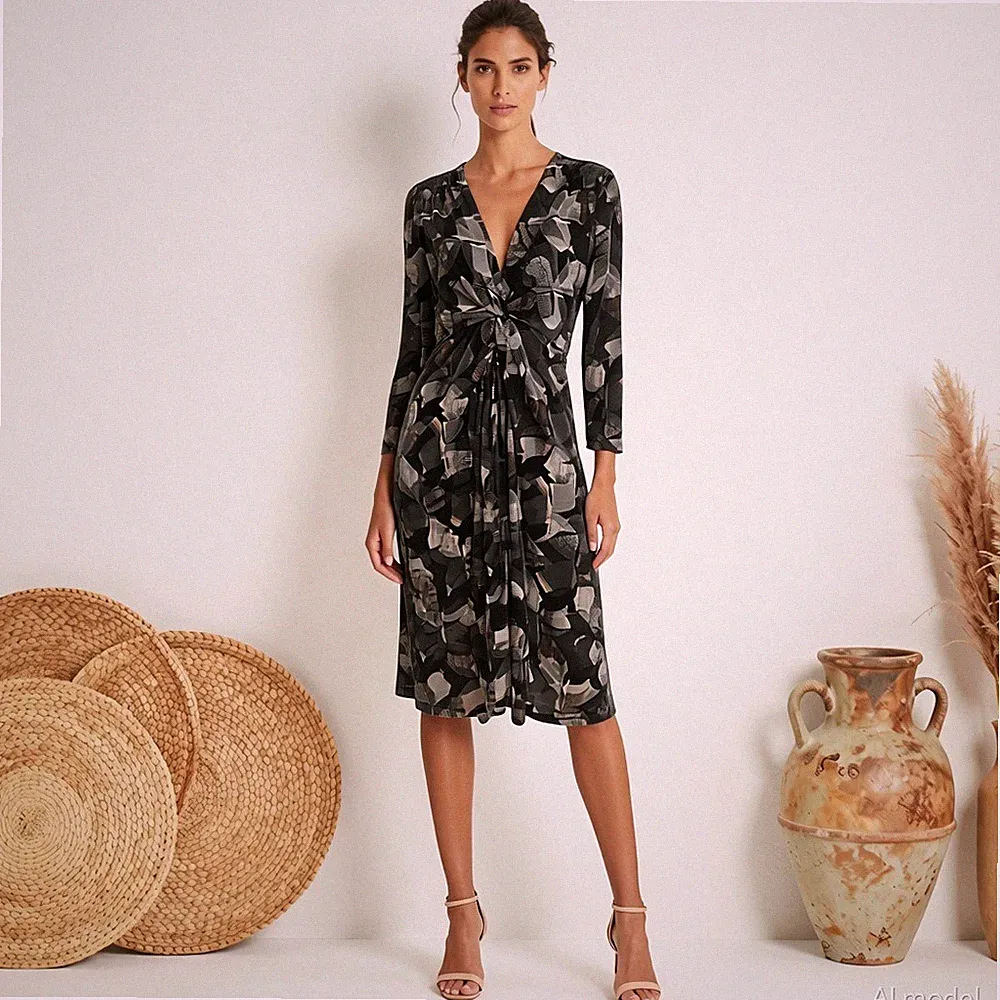 Cocktail Extravagant Midi Kleid Schwarz Grau Geometrisch V-Ausschnitt 3/4 Gr. 40