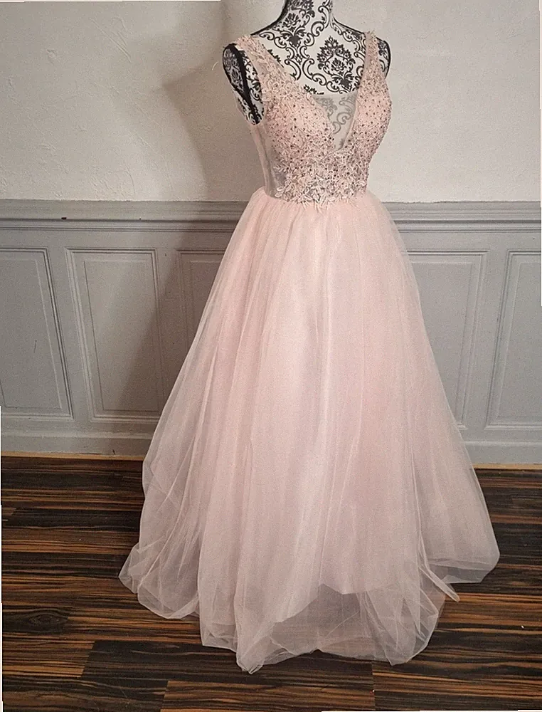 Cocktail Festkleid lang Büste Spitze und Tüllstrümpfe rosa Größe 40