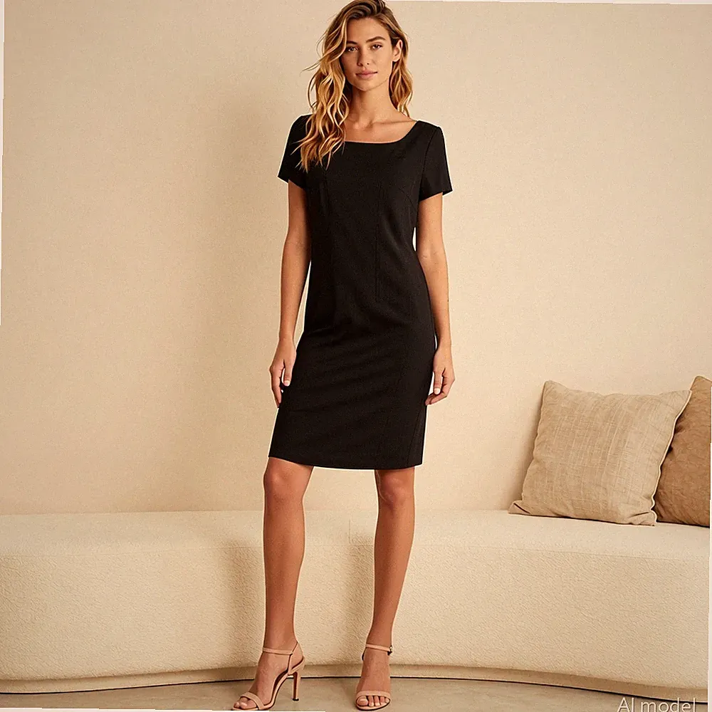 Cocktail Minimal Midi Kleid Schwarz Viereckig Kurzarm Stretch Abend Gr. 40