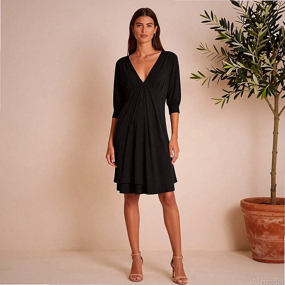 Cocktail Party Knielang Kleid Schwarz Jersey Etui V-Ausschnitt Halbarm Rüschen M