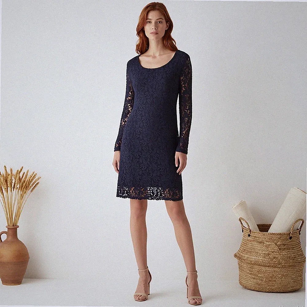 Cocktail Romantik Midi Kleid Blau Blumen Spitze Etui Langarm Gefüttert Abend L