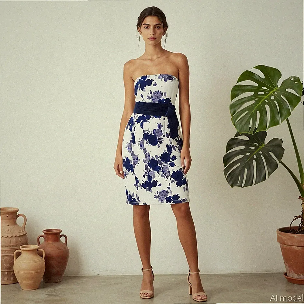 Cocktail Romantik Mini Kleid Blau Weiß Blumen Baumwollmischung Etui Gr. 42