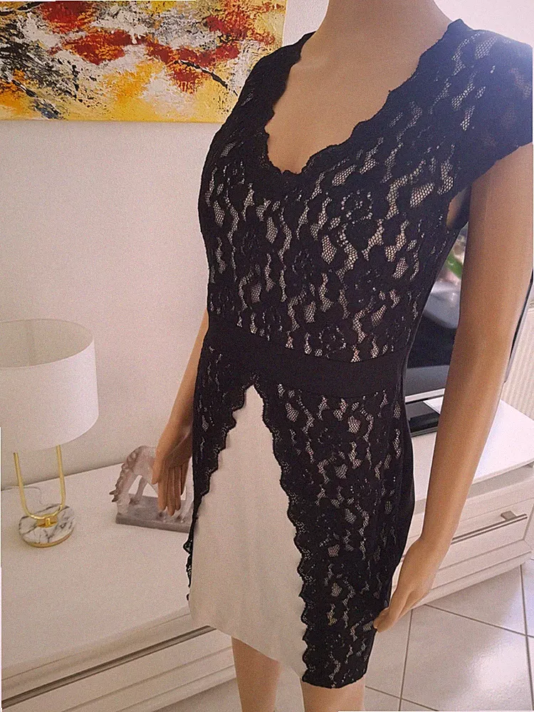 Cocktailkleid 40 Etuikleid Kleid Stretch schwarz/weiß Spitze figurbetont PENCIL