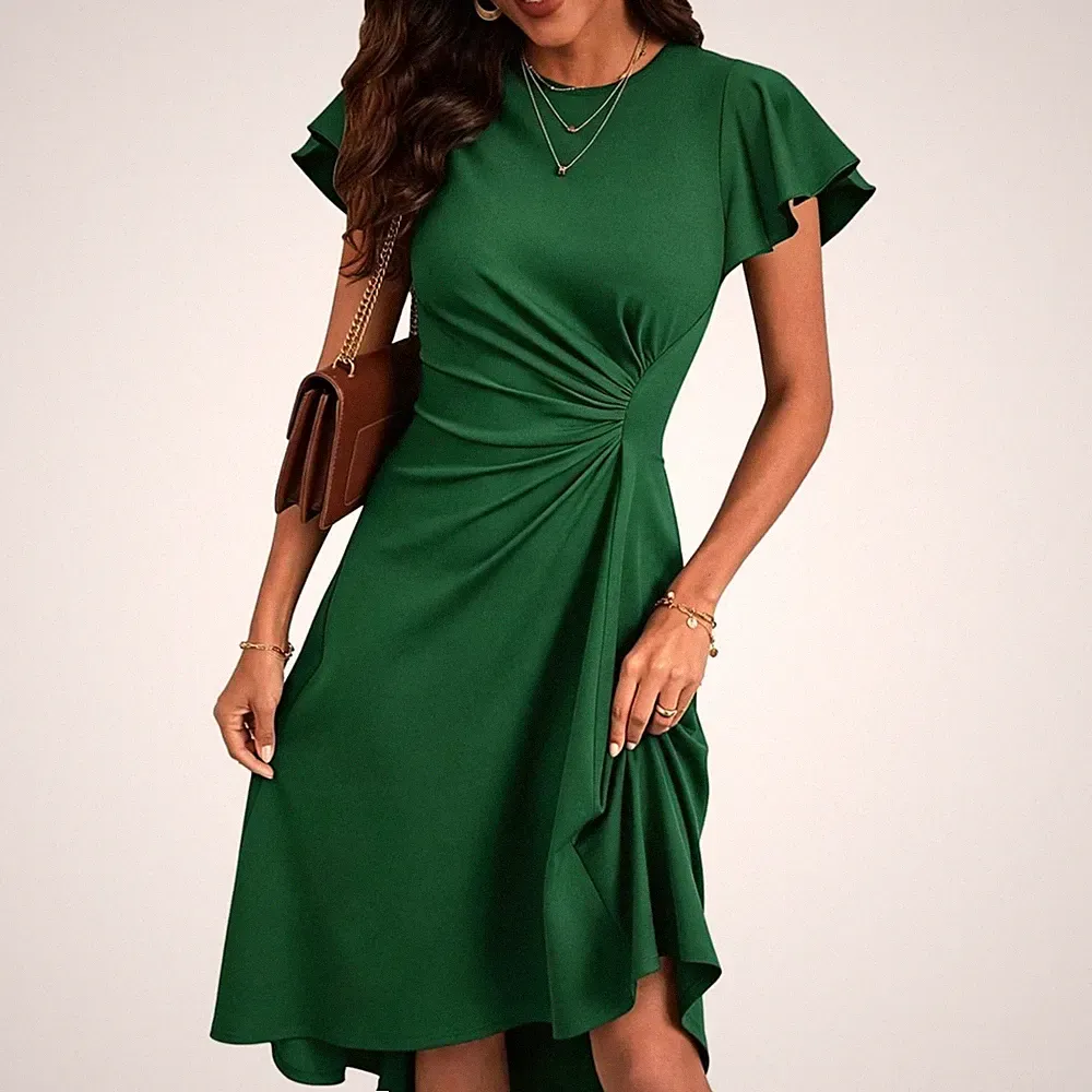 Cocktailkleid Damen Partykleid Midikleid A-Linie Kurzarm Grün