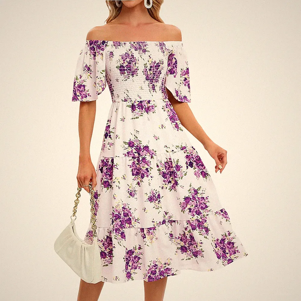 Cocktailkleid Midi Sommerfest Boho Fließend Blumig Weiß XL