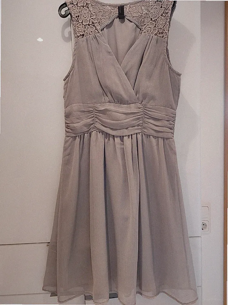 Cocktailkleid Mit Stickerei Beige Grau/kurzes Kleid/Partykleid/Abendkleid S