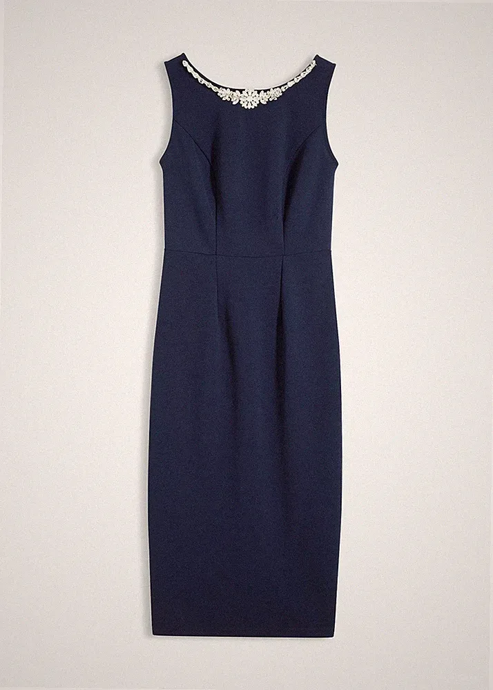 Cocktailkleid mit Strassapplikation Gr. 40 Dunkelblau Etui-Kleid Ärmellos Neu