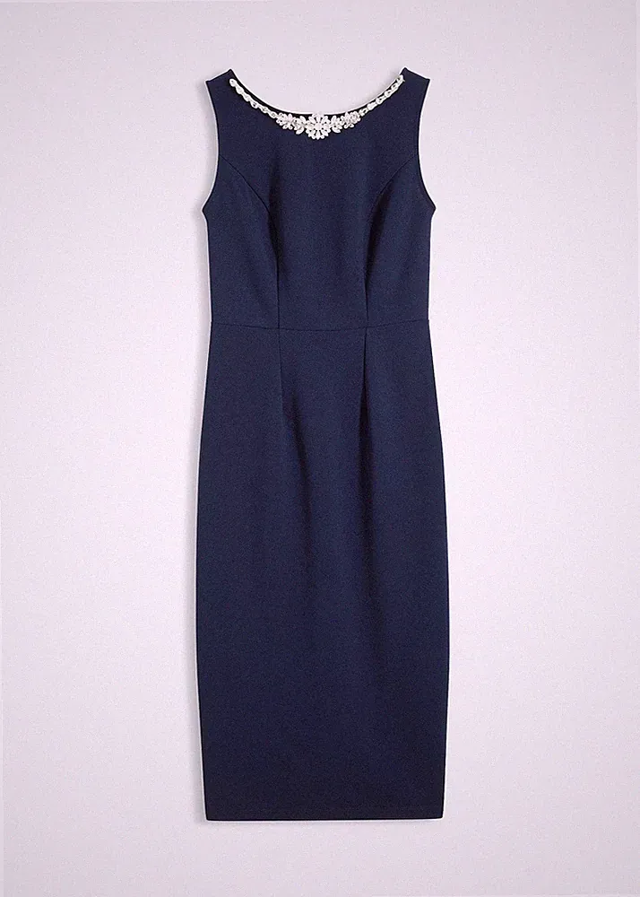 Cocktailkleid mit Strassapplikation Gr. 44 Dunkelblau Etui-Kleid Ärmellos Neu