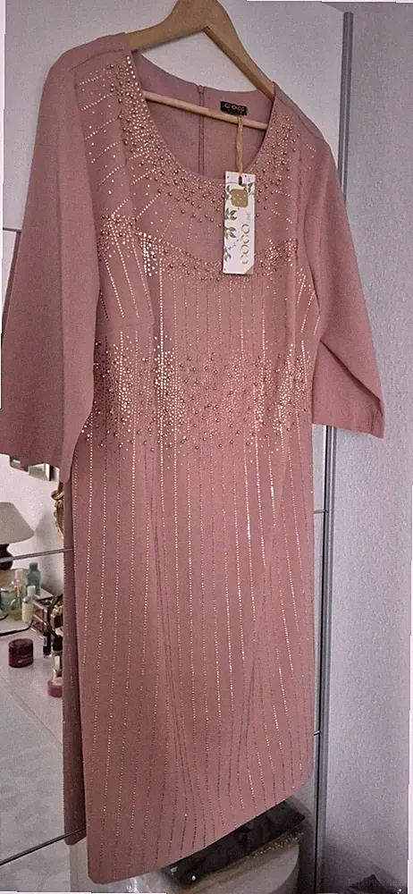 COCO LINE Damen Etuikleid rosa Midi Rundhals 3/4 Ärmel Gr. M Strass