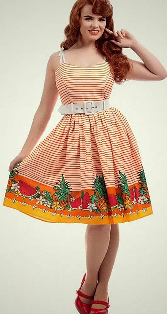 Collectif JADE Tropical Fruit FRÜCHTE Streifen STRIPED SWING Kleid Rockabilly