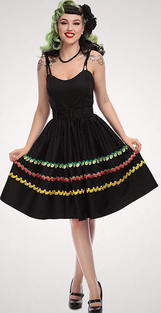 Collectif JADE Vintage FRUITY Früchte SWING Double Strap DRESS Kleid Rockabilly