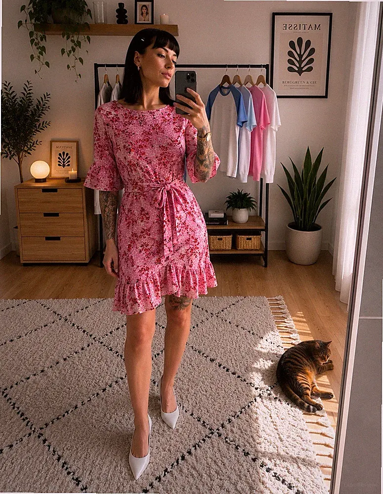 Colloseum Damen A-Linien-Kleid S rosa Blumen, Gürtel, Rüschen, 3/4 Arm