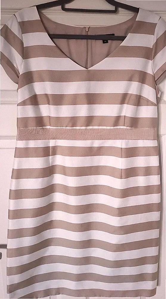 Comma beige weiß gestreiftes Etuikleid knielang Viskosemischung UK16 EU42