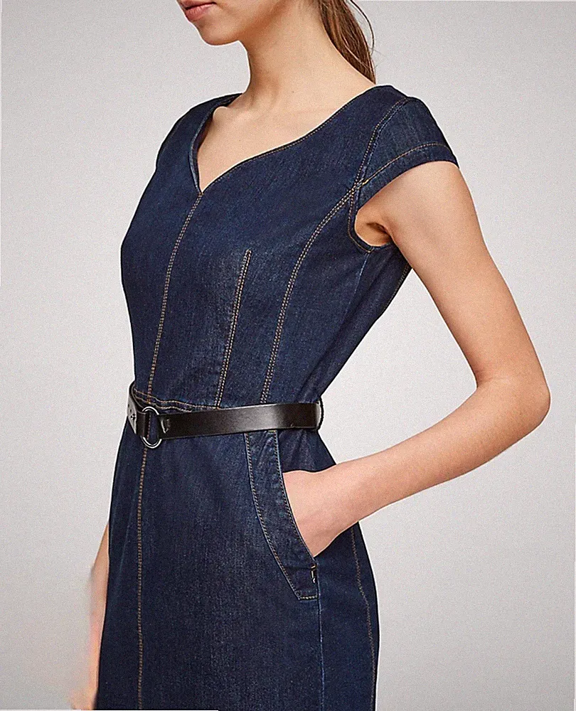 comma Denim Etuikleid blau knielang ärmellos V-Ausschnitt Gürtel Gr. 38