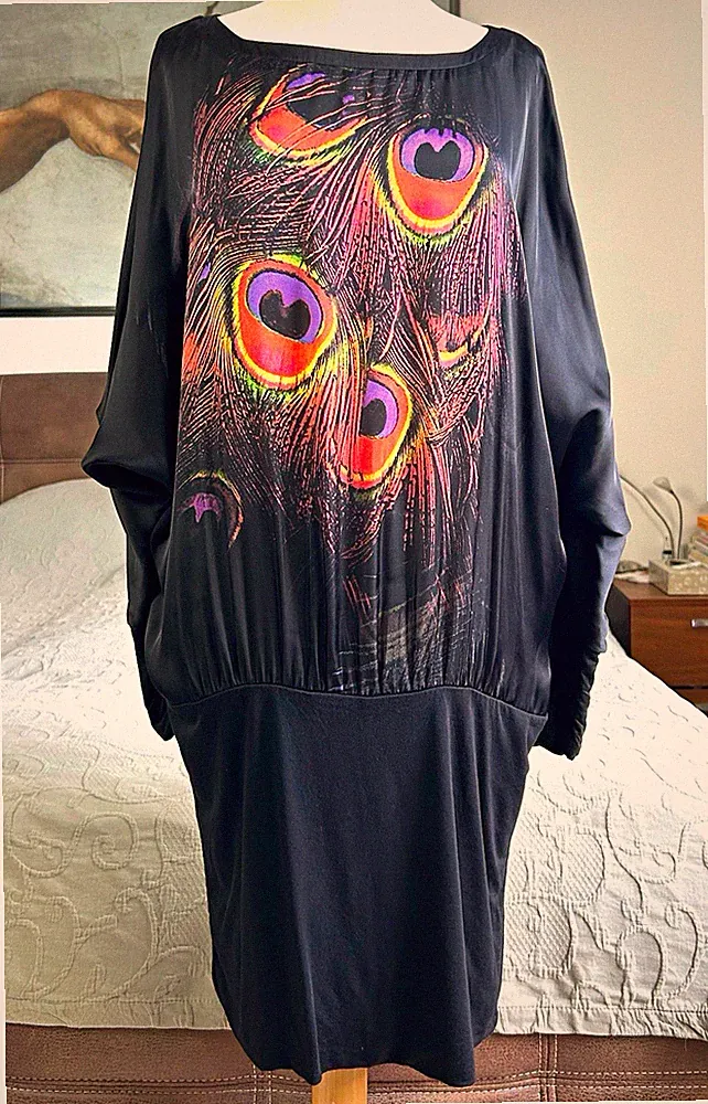 COMMA Etuikleid Kleid Gr. 42 Schwarz Pfauenfeder-Print Langarm Satin Stretch TOP