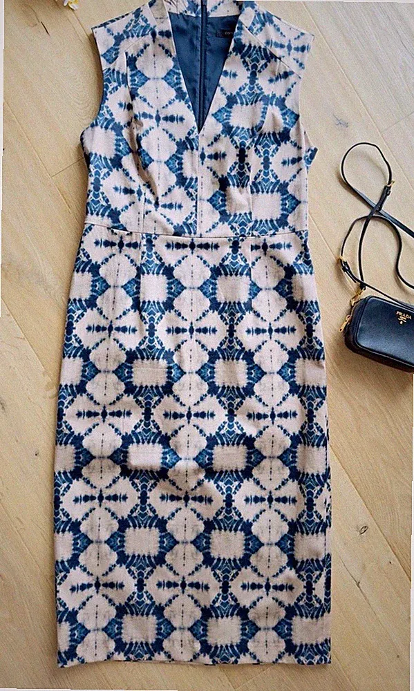 COMMA 🩷 Etuikleid Midi 38 ärmellos V-Ausschnitt blau/beige ❗️NEU❗️