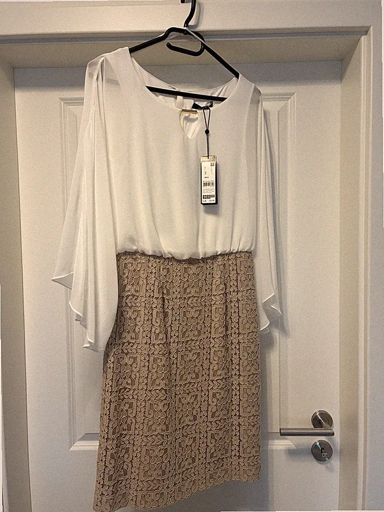 comma, Kleid Sommerkleid Etuikleid weiß beige knielang Gr. 34, elegantes Kleid