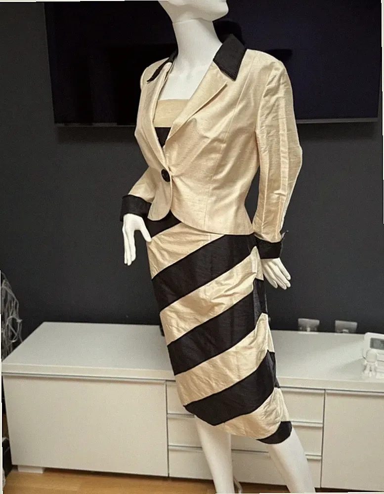 Condici Vintage Seide Kleid & Jacke Set Champagner Schwarz Hochzeit Gast Midi uk12