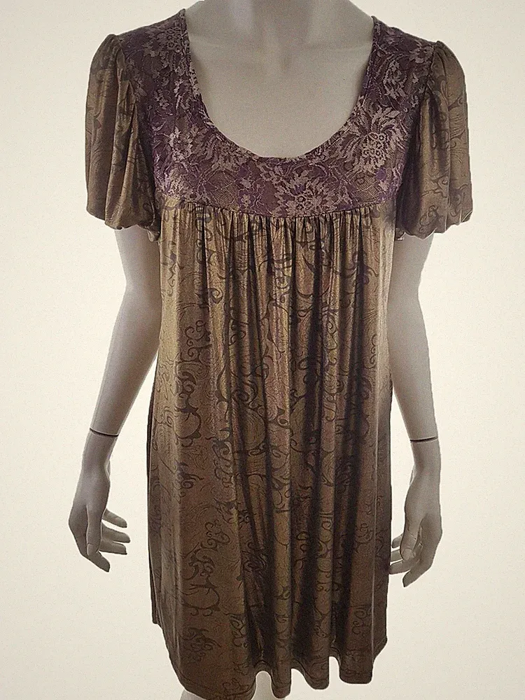 CONTAINER Damen A-Linien-Kleid Gr. M Gold Kurzer Ärmel Spitzenstickerei Knielang