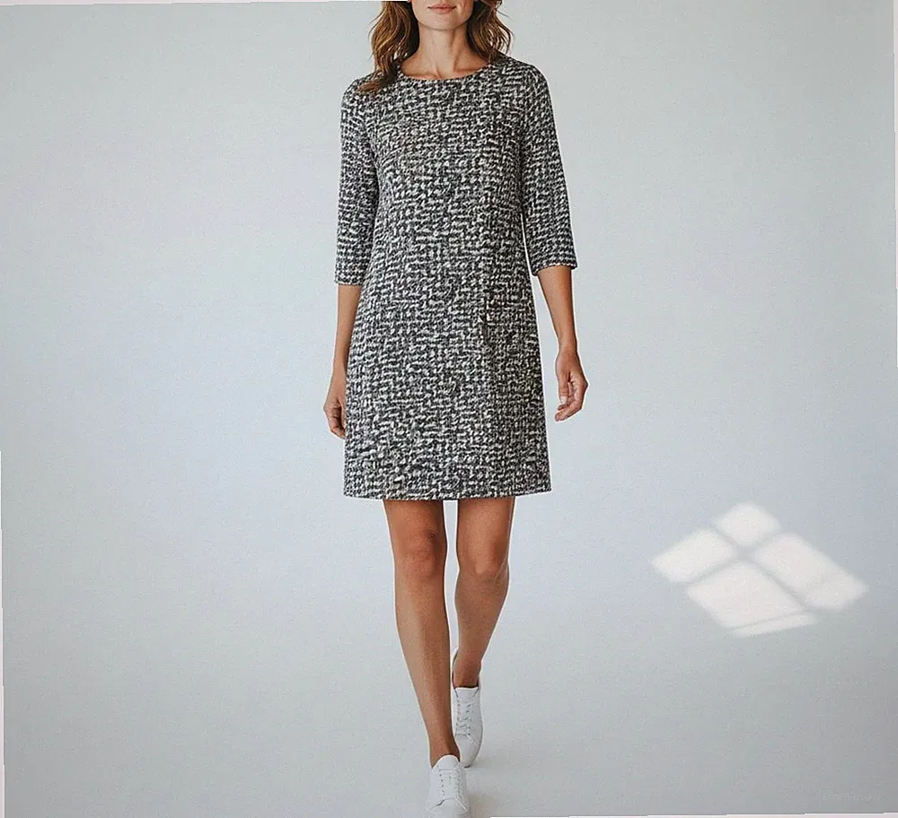 COS Damen Kleid (EU) 40 Etuikleid Gemustert 3/4 Ärmel Quadratkragen Grau
