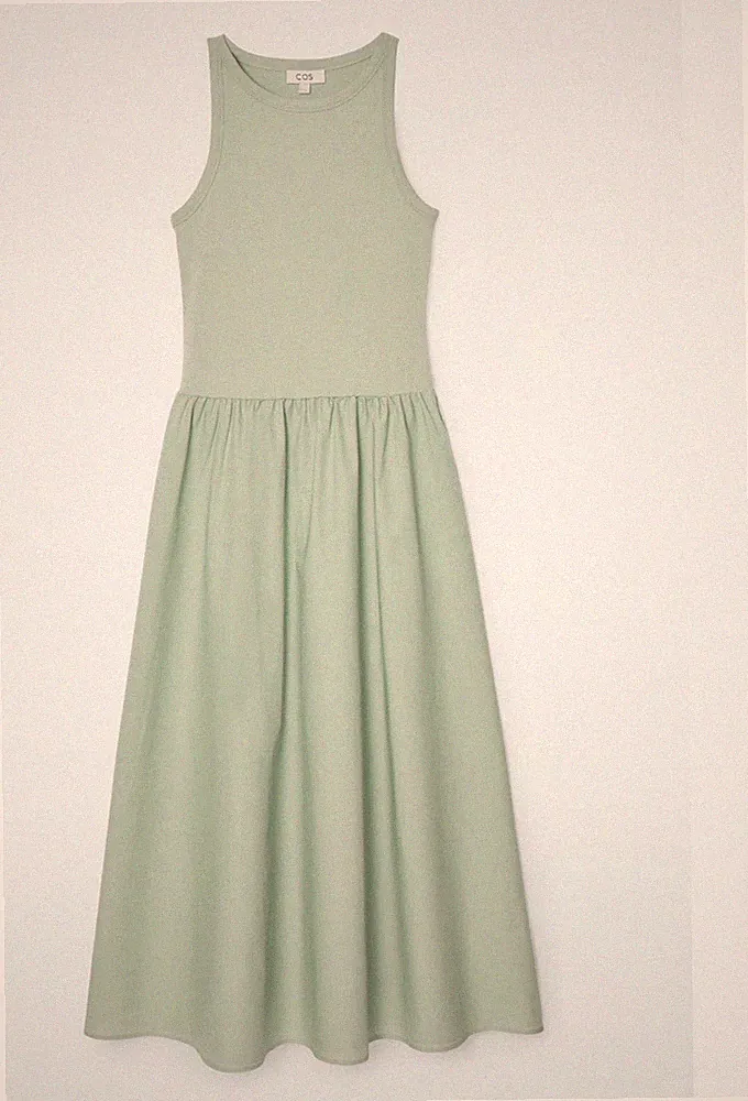 COS Damen Kleid M Normalgröße grün unifarben Midi A-Linie ärmellos Raffungen