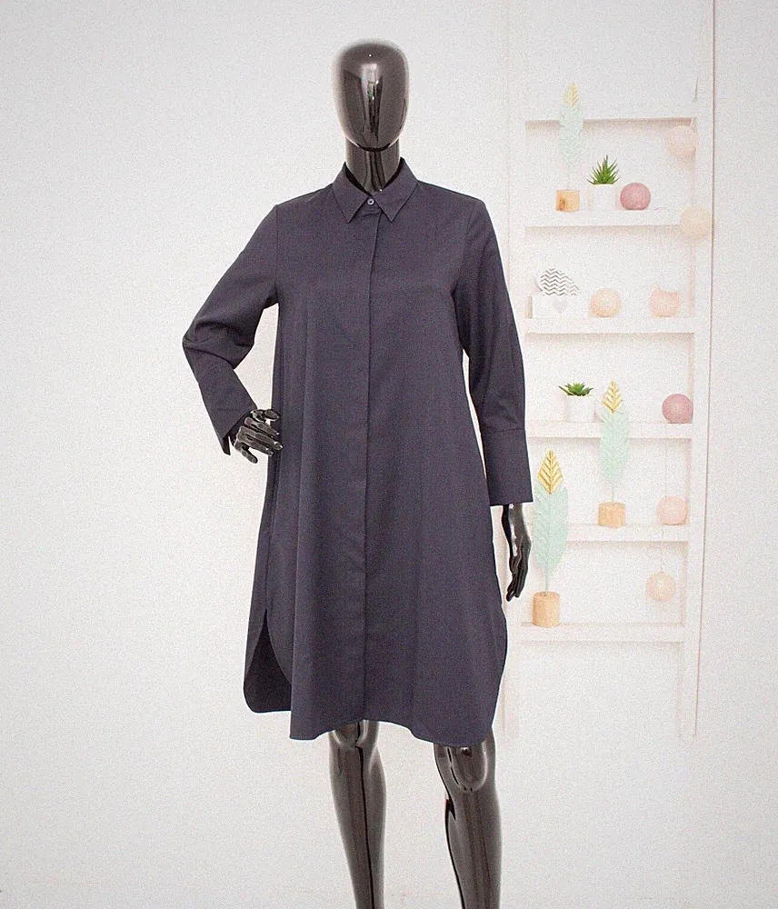 COS Hemdblusenkleid Relax Fit Polyester/Wolle A-Linie Kragen geschwungener...