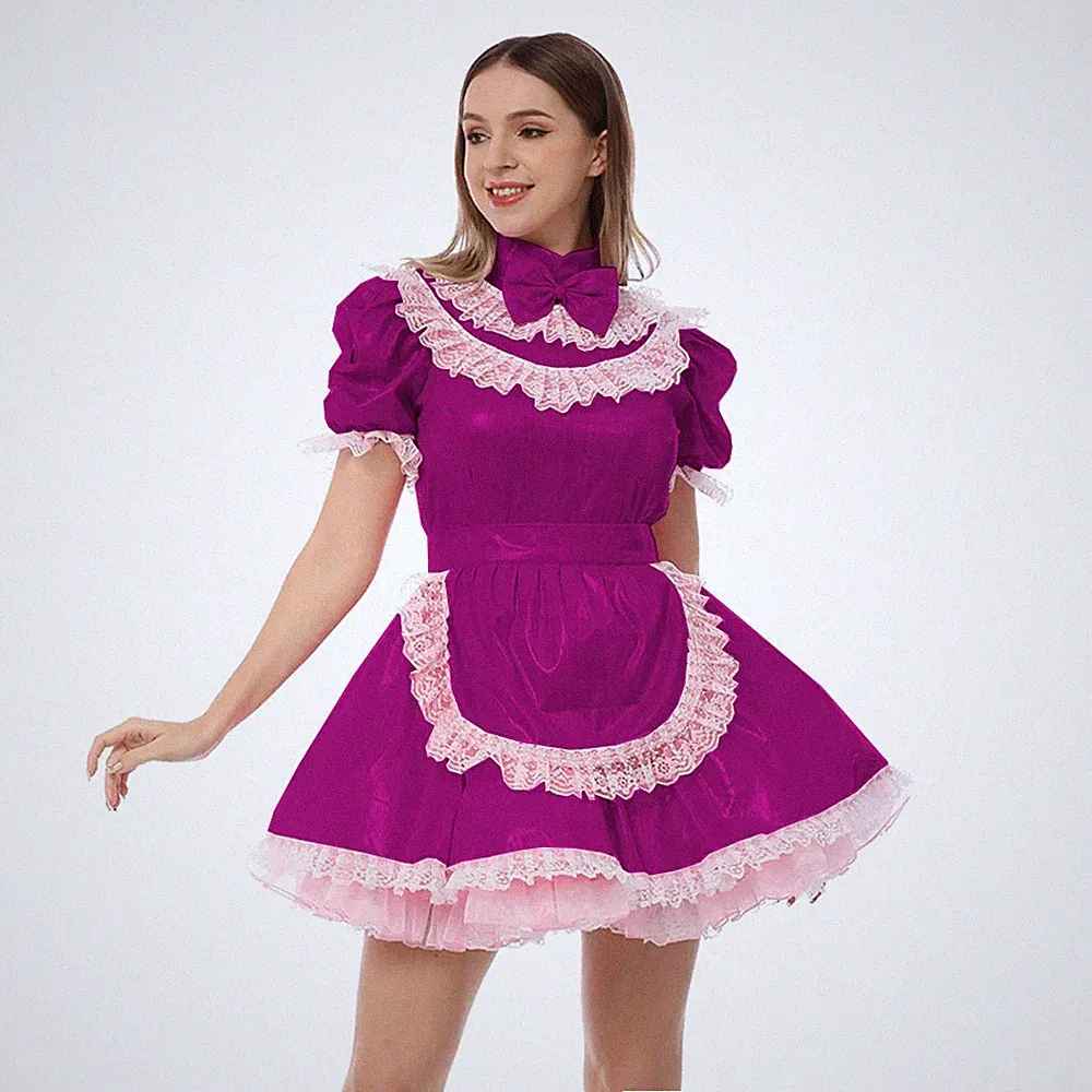 Cosplay Dienstmädchen Uniformen Spitze Trims Bogen Metallic Kleid mit Schürze