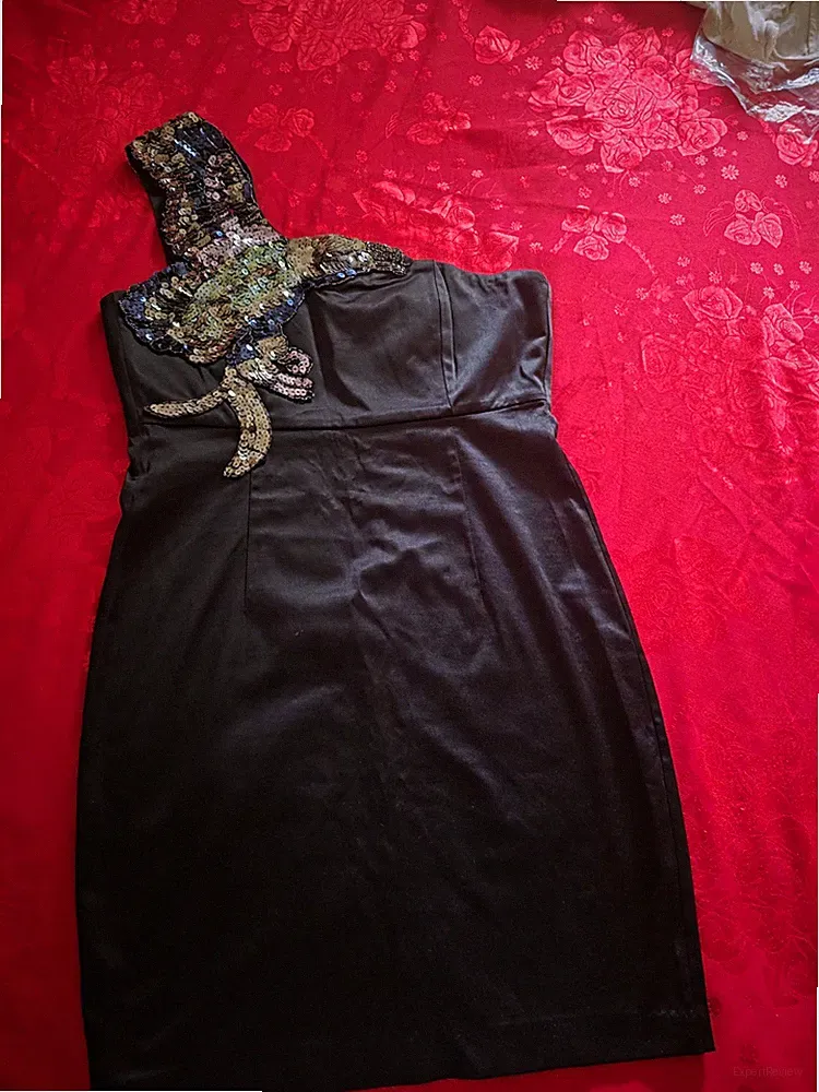 Cotton Club Damen Etuikleid kurz schwarz One-Shoulder Pailletten Stretch Gr. 40