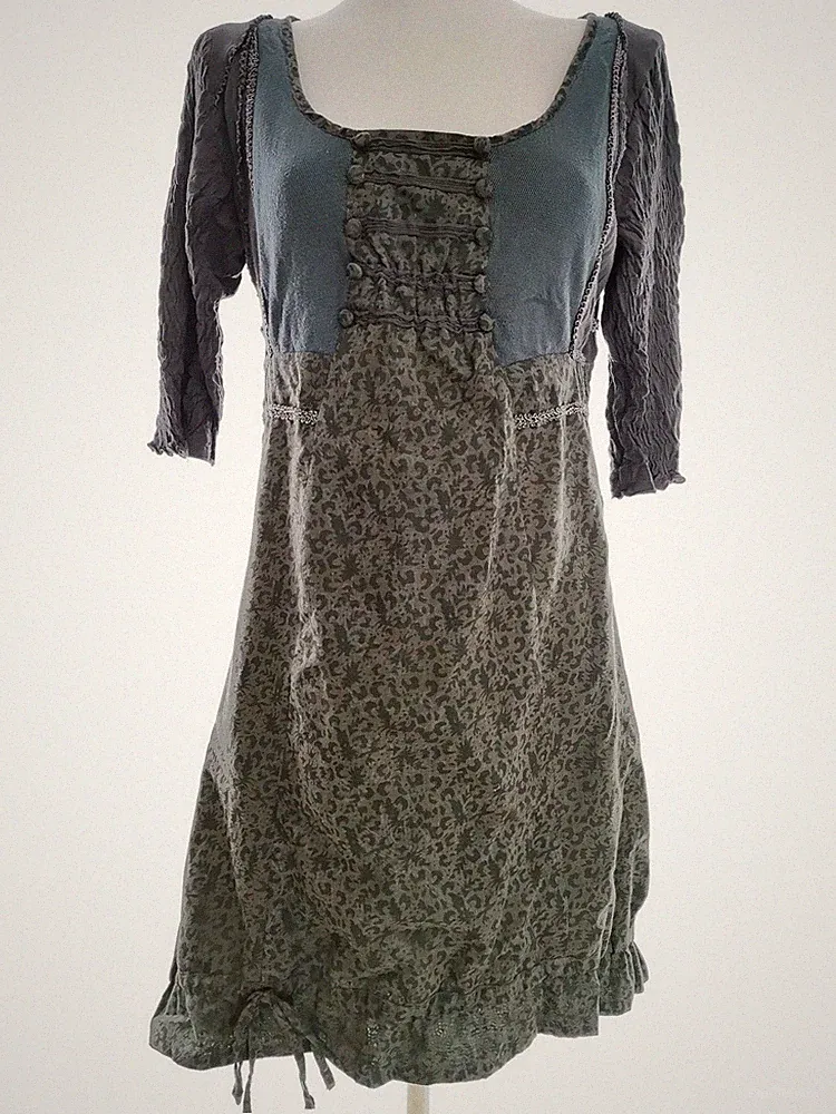 CREAM Damen A-Linien-Kleid Gr. M Grau Kurzer Ärmel Spitzenstickerei Knielang