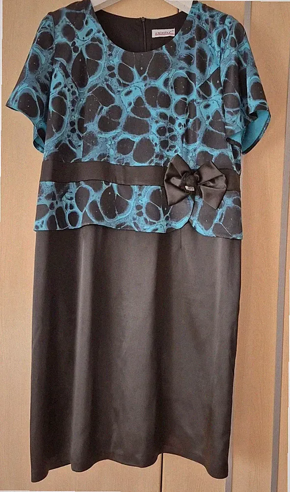 Cristina Damen Party Kleid Business Satinkleid Gr. L 42/44 Schwarz/Türkis