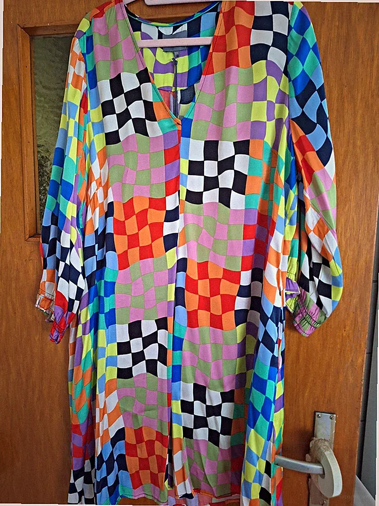 CULTURE Damen Etuikleid Gr. 48 Langarm V-Ausschnitt geometrisch mehrfarbig