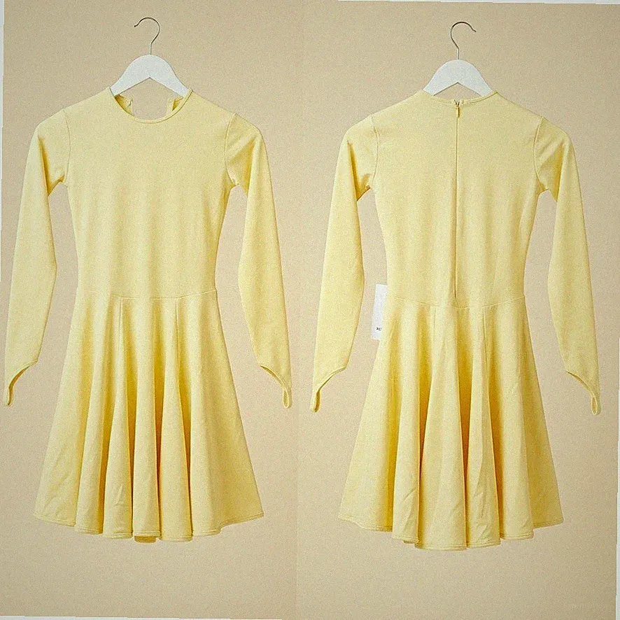 D-Klasse Kurzkleid A-Linie Gelb 2XS Langarm Rundhals Unifarben Rücken-Zip
