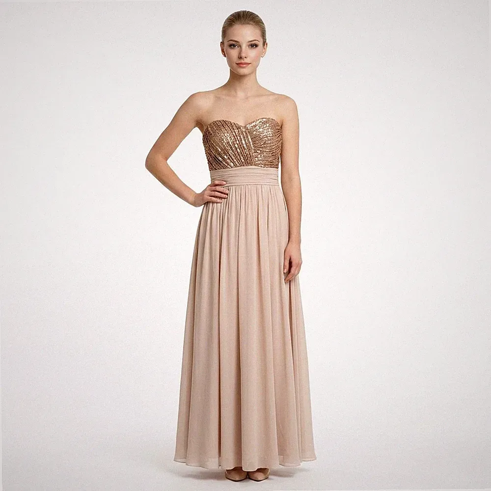 D’ZAGE Brautjungfernkleid UK 10 Rouge Pailletten Trägerlos Chiffon Maxi Hochzeitsgast