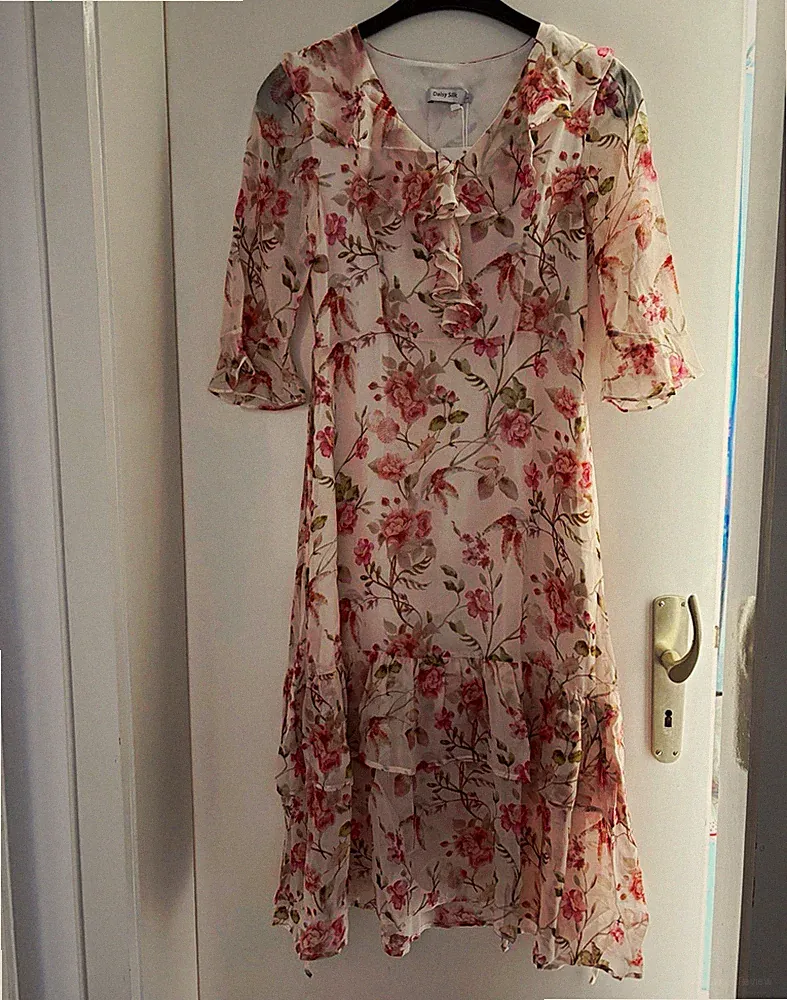 Daisy Silk Damen Midi-Kleid Gr. S Seide Chiffon Blumen V-Ausschnitt 3/4