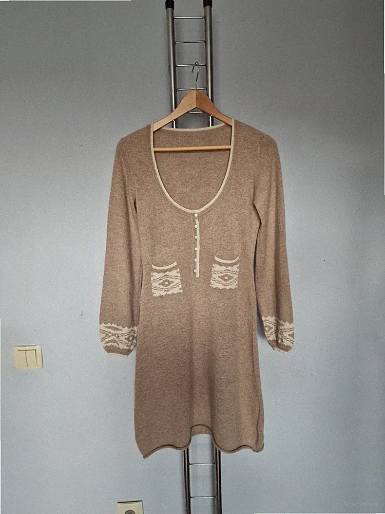 Damen 100% Cashmere Beige Dress Kleid Langarm Gr. L ?