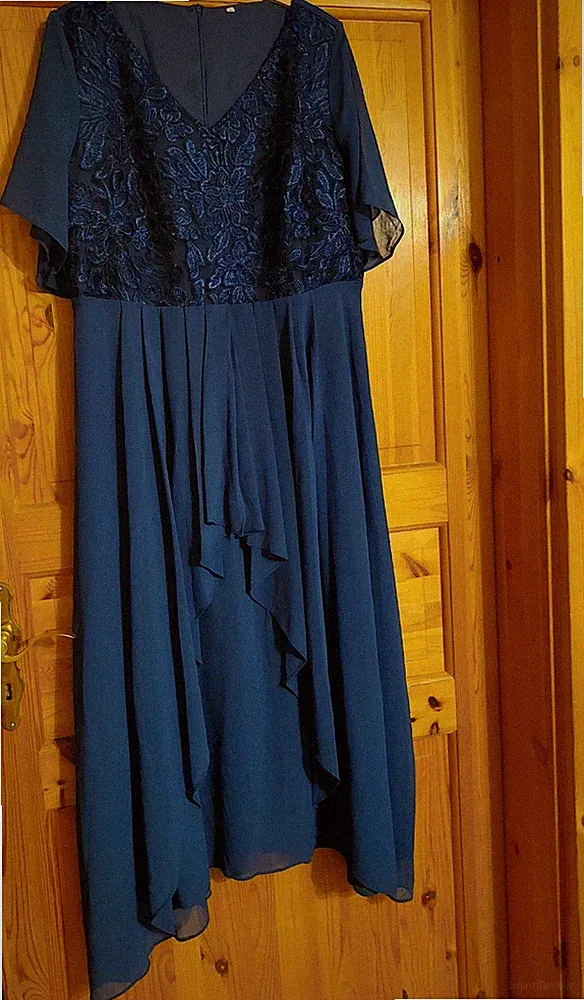Damen A-Linie Chiffonkleid Blau Spitze V-Ausschnitt Midi Kurzarm 2XL