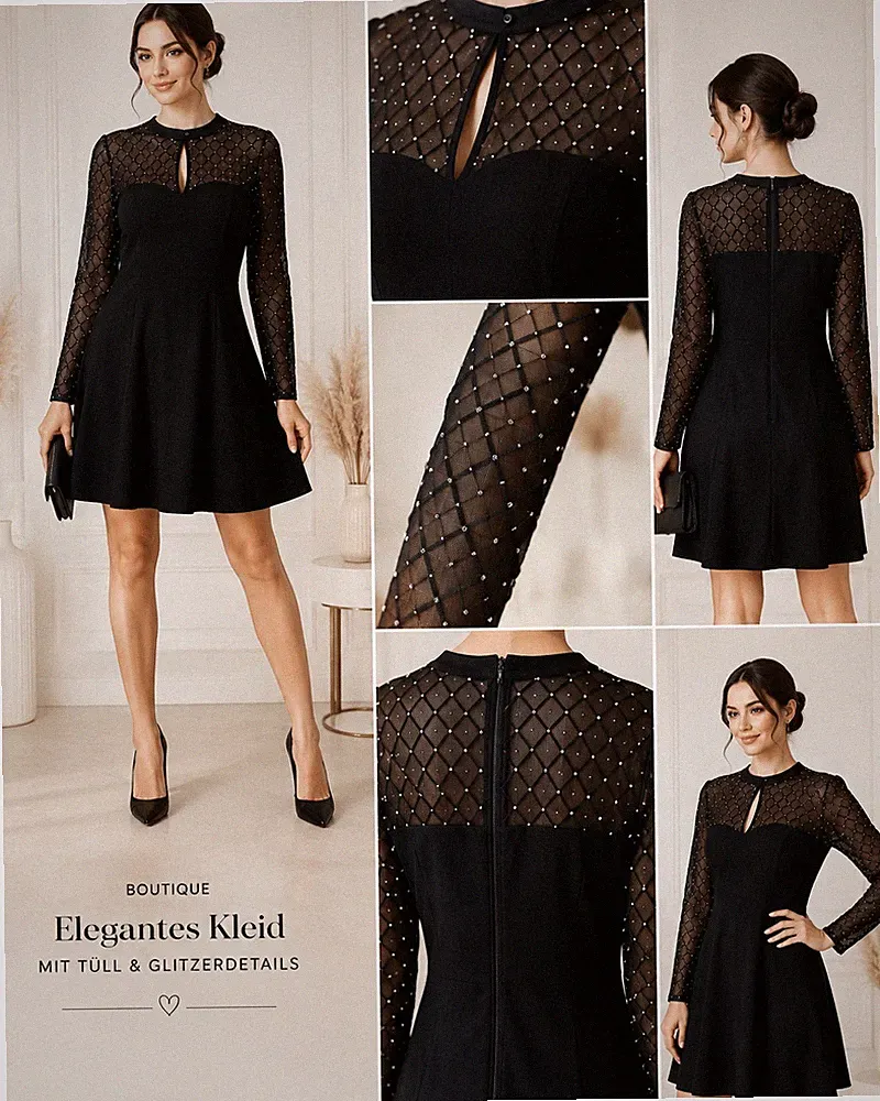 Damen A-Linie Kleid kurz schwarz Tüll Glitzer Langarm Cut-Out Stehkragen