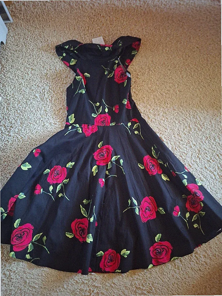 Damen A-Linie Kleid M Schwarz Rot Grün Rosen Blumenmuster ärmellos knielang