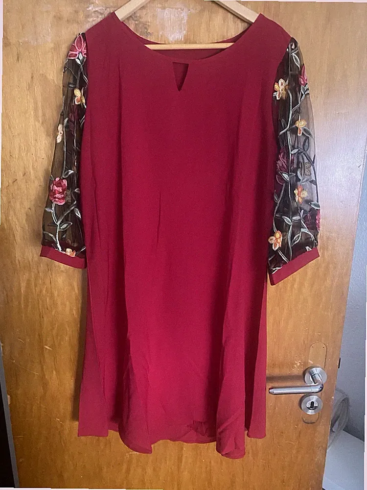 Damen A-Linie Kleid Rot 2XL knie 3/4-Arm transparent bestickt Rundhals
