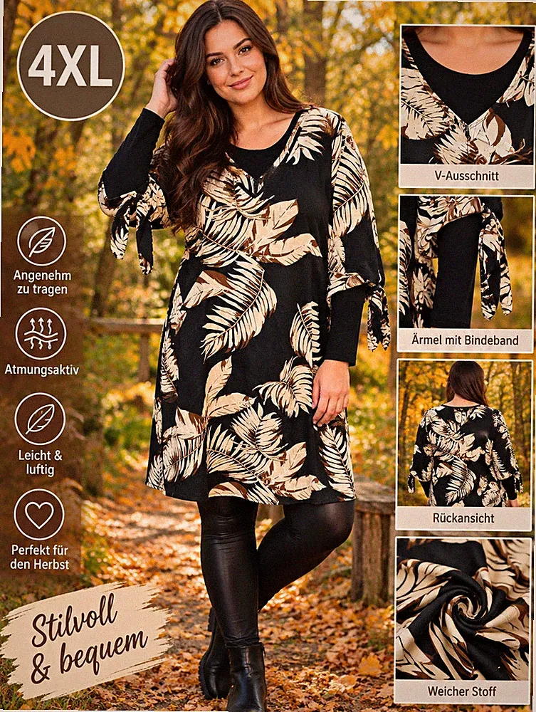 Damen A-Linie Kleid schwarz/beige Blätter V-Ausschnitt Langarm Bindeband 4XL