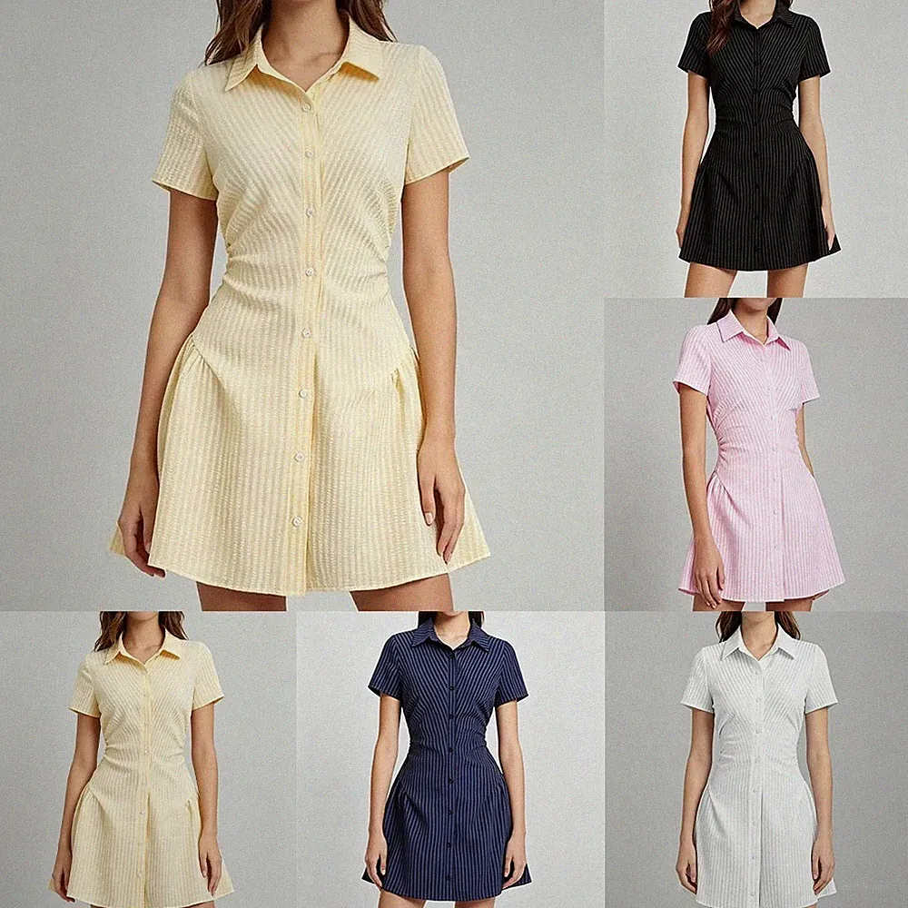 Damen A Linie Kurz Rock Kleid V Ausschnitt Kurzarm Plissee für freizeit Style