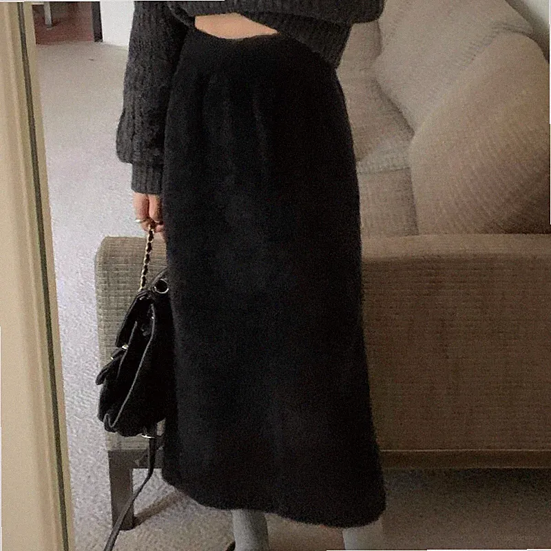 Damen A-Linie Midi Rock Kunst Mohair Fell Flauschig Hohe Taille Weich Winter Warm Rock
