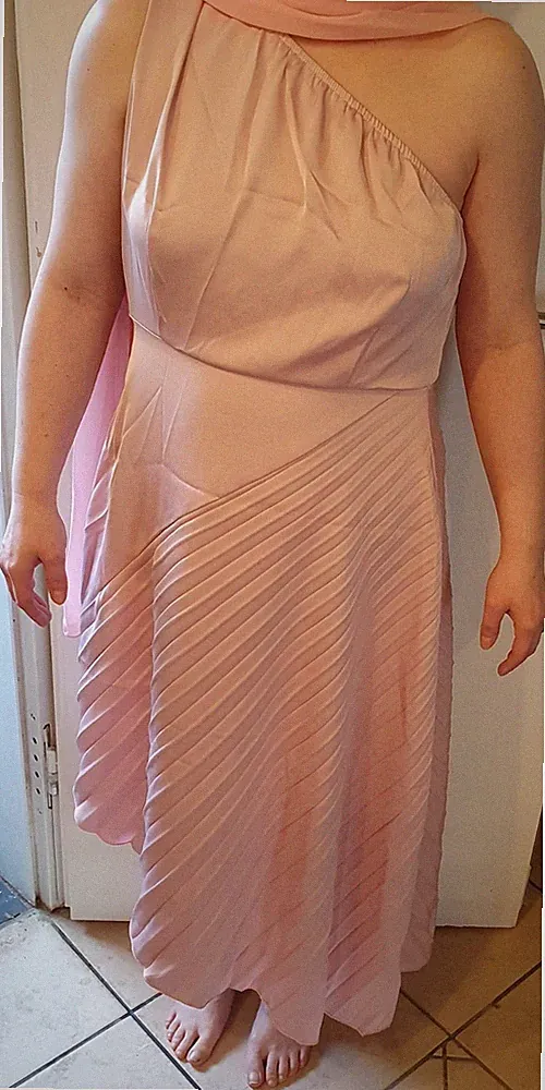 Damen A-Linie One-Shoulder Midikleid Rosa Gr. L Polyester mit Falten